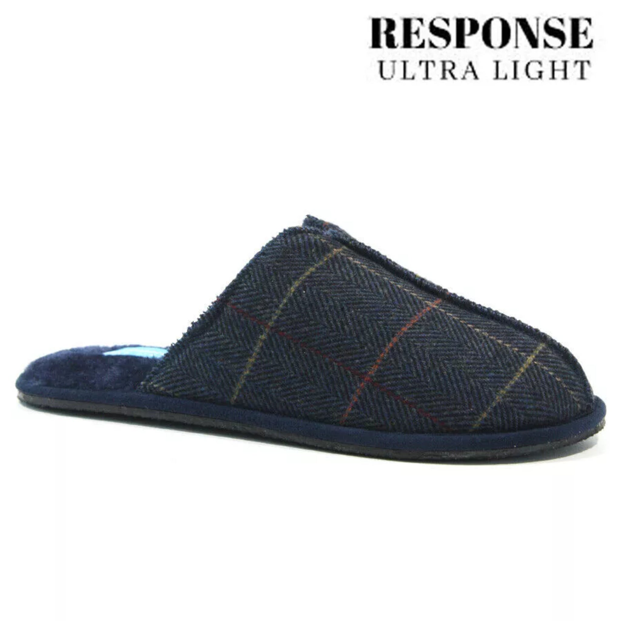 Response Ultra Light men's slip-on mule slippers with navy herringbone check pattern, soft cushioned insole, and lightweight sole for indoor comfort